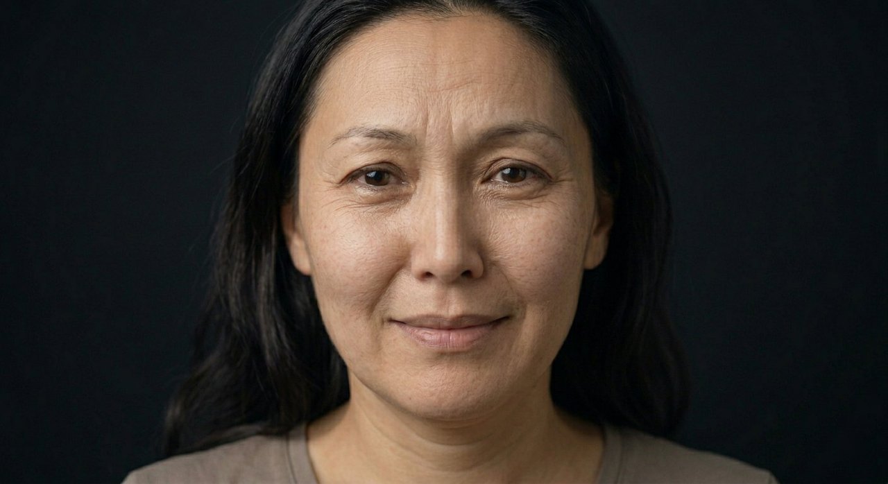 A woman's face showing hygge: a soft content smile and a calm snug warmth.
