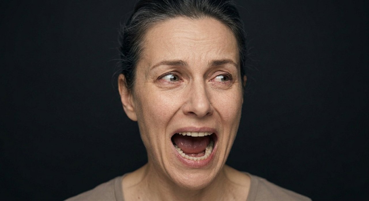A woman's face showing hysteria: a wide open mouth, darting eyes, a frantic look.