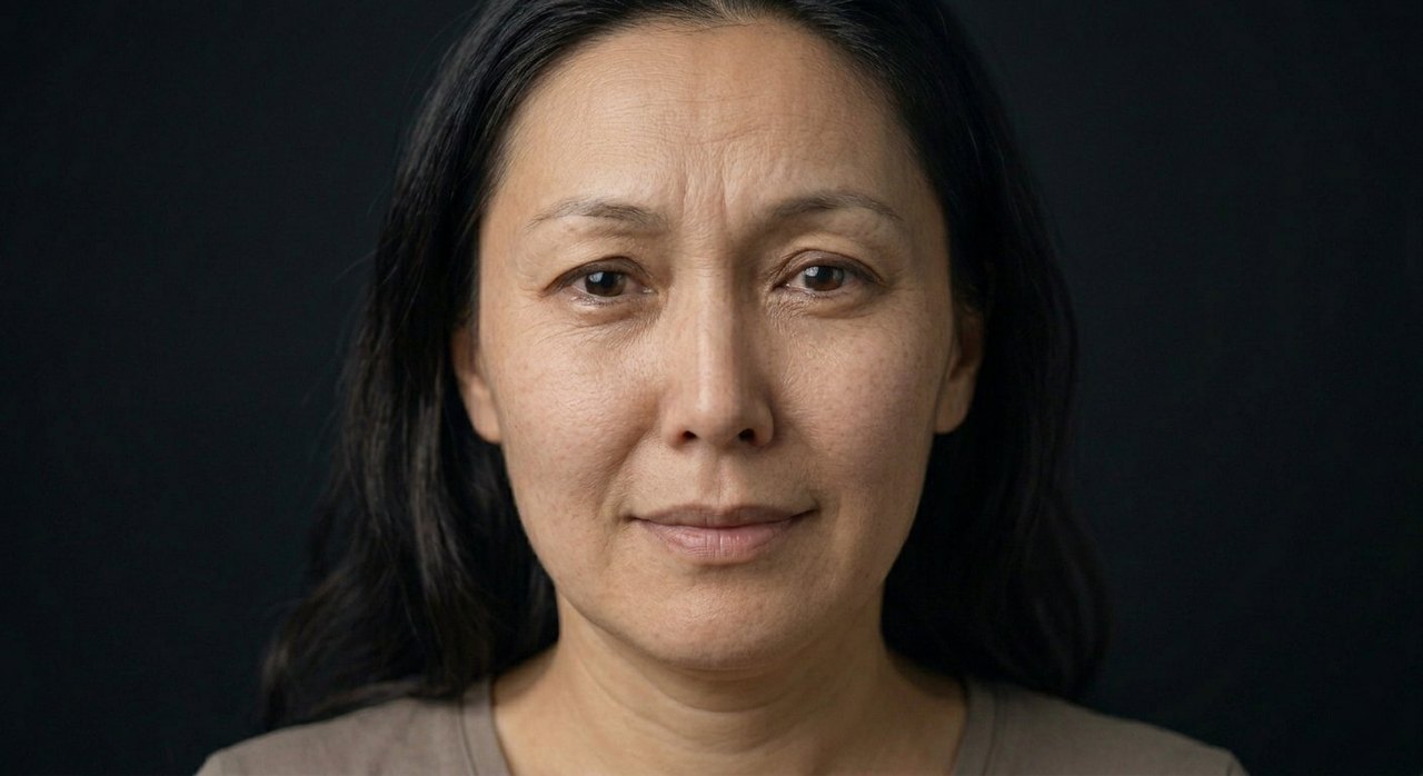 A woman's face showing ikigai: a calm settled face and a quietly purposeful gaze.