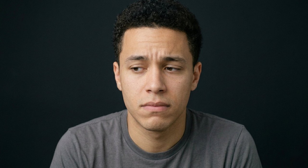 A man's face showing inadequacy: a downward gaze, raised inner brow, deflated mouth.