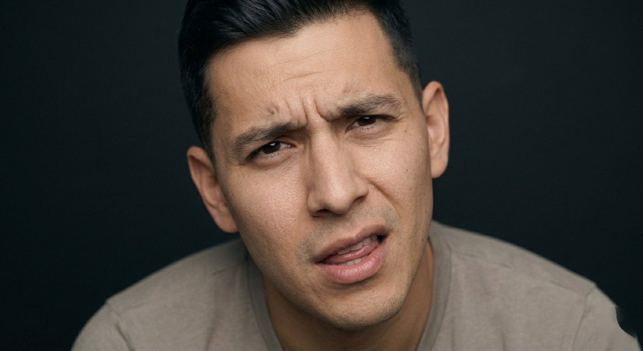 A man's face showing incredulity: brow raised, lip slightly curled in doubt.