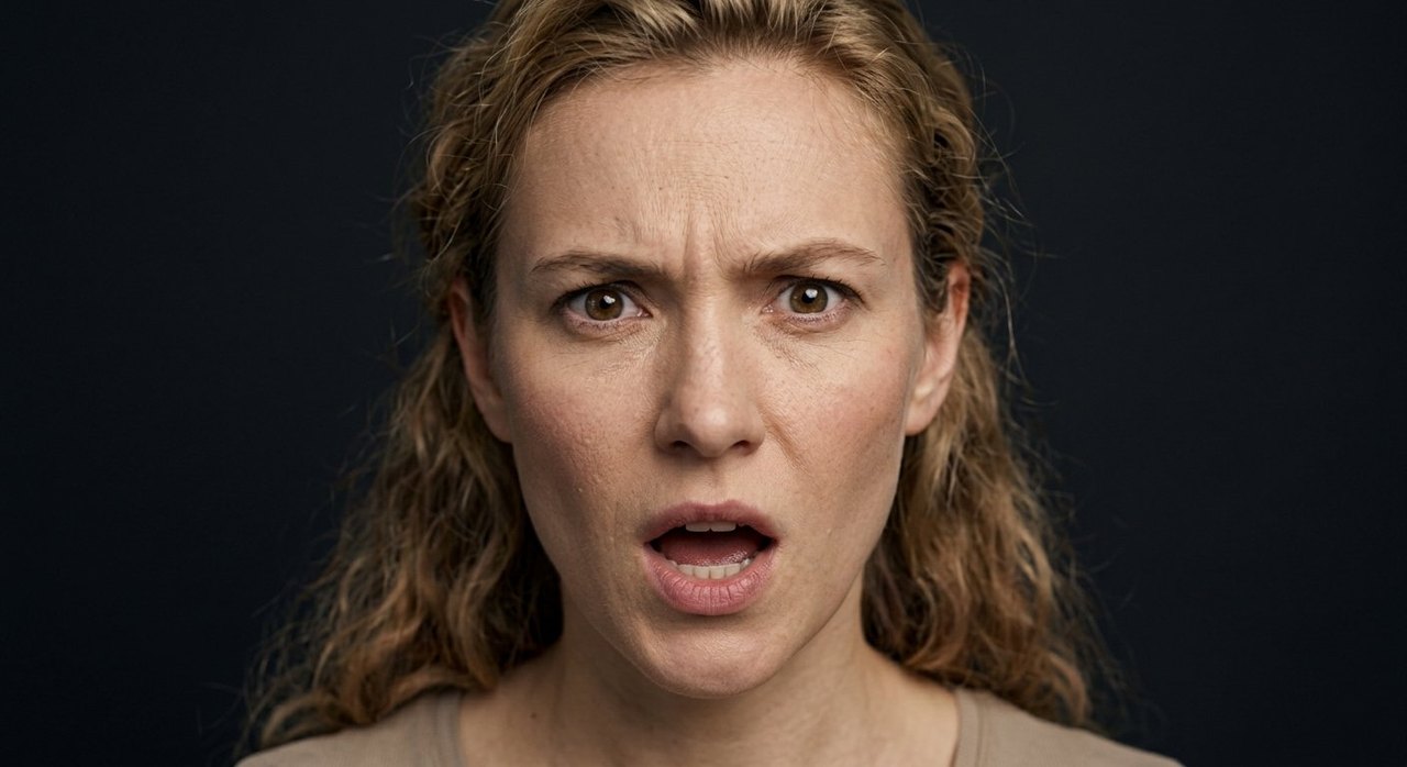A woman's face showing indignation: an open mouth and an affronted outraged look.