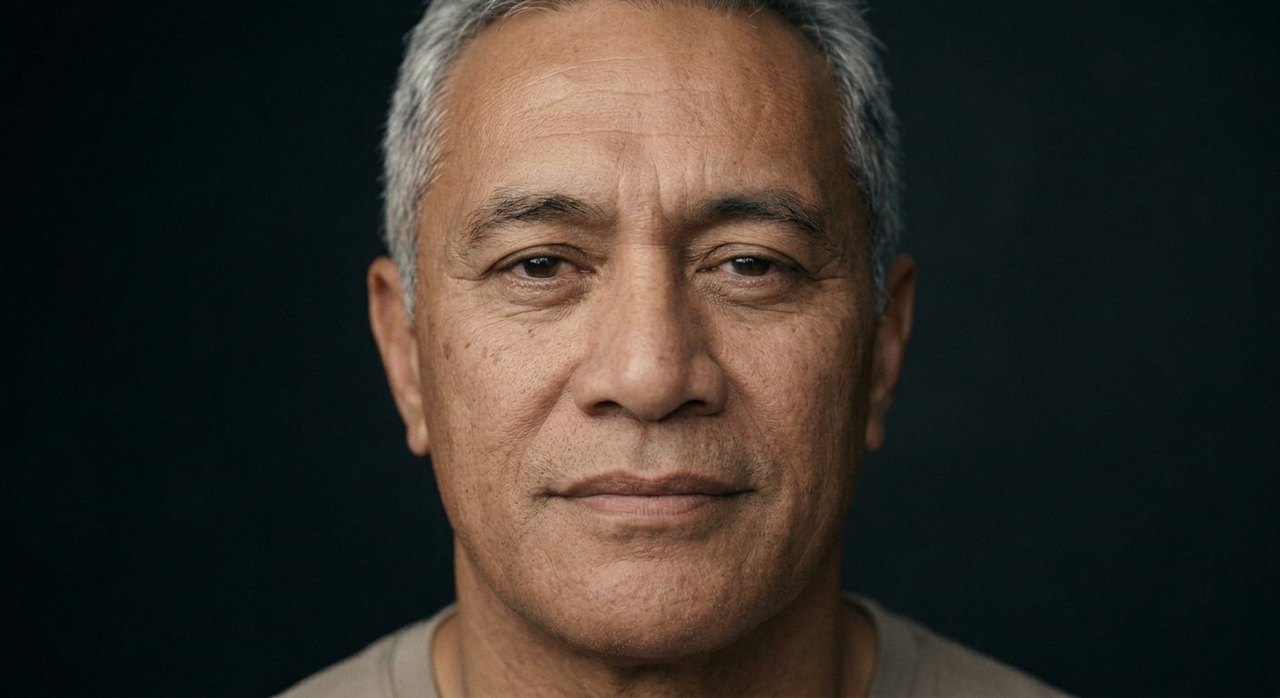 A man's face showing ineffability: a calm soft gaze, closed lips, a quietly wordless look.