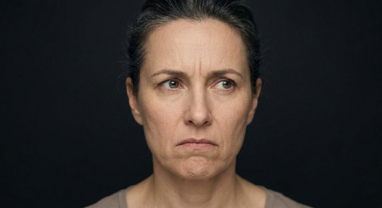 A woman's face showing injustice: an indignant frown, narrowed eyes, an affronted sideways look.