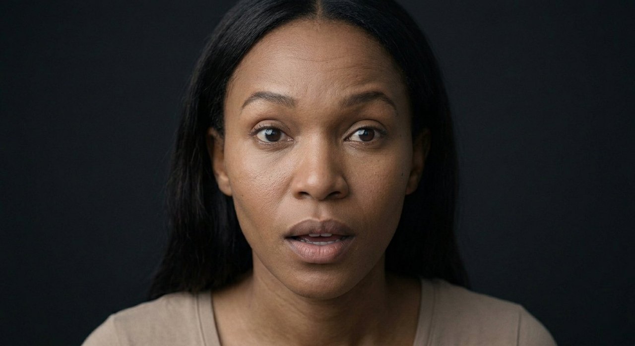 A woman's face showing interest: attentive wide eyes, raised brows, lips parted in engagement.