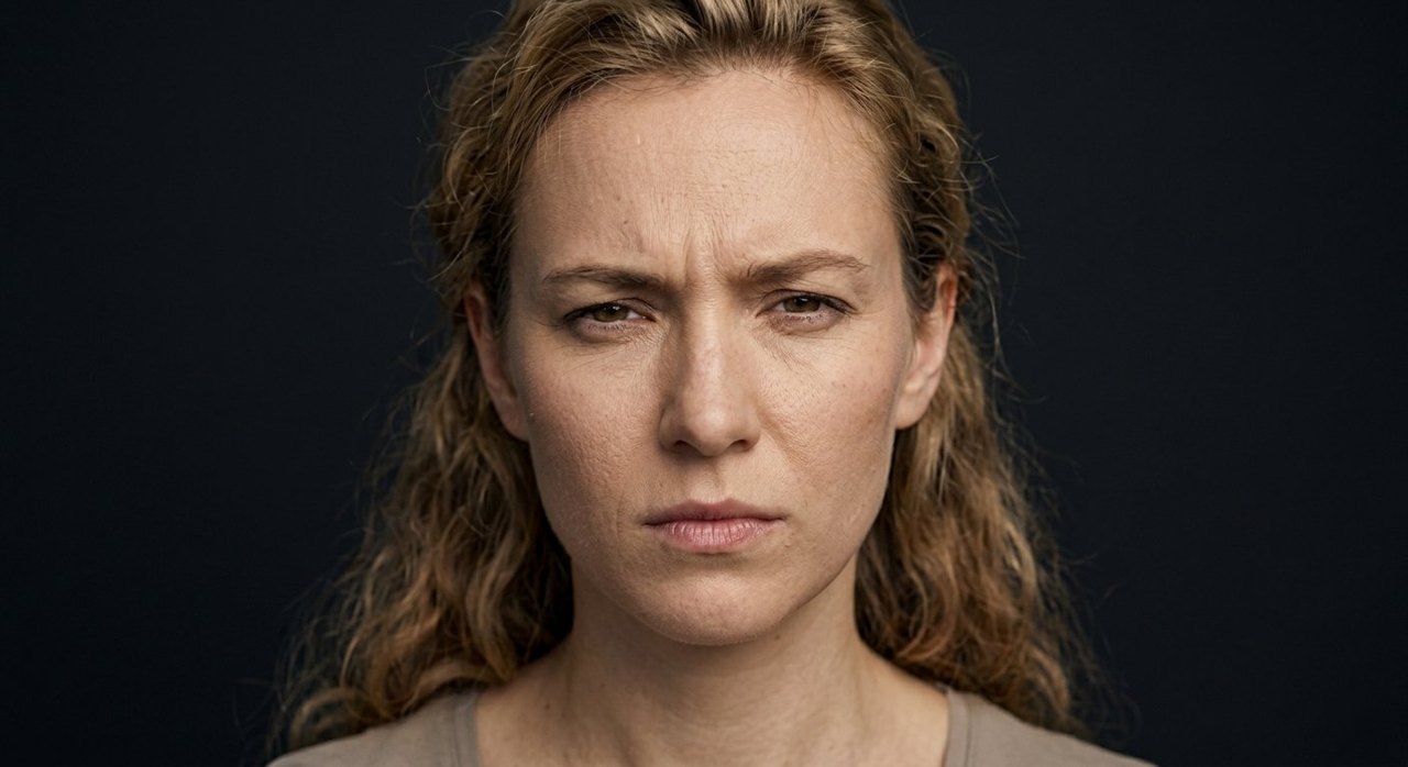 A woman's face showing irritability: a frown and a pressed edgy sour mouth.