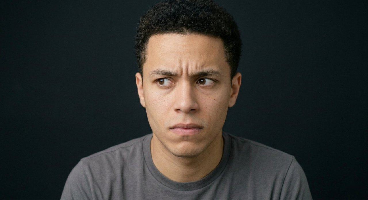 A man's face showing jealousy: a narrow sideways stare, lowered brow, tense mouth.