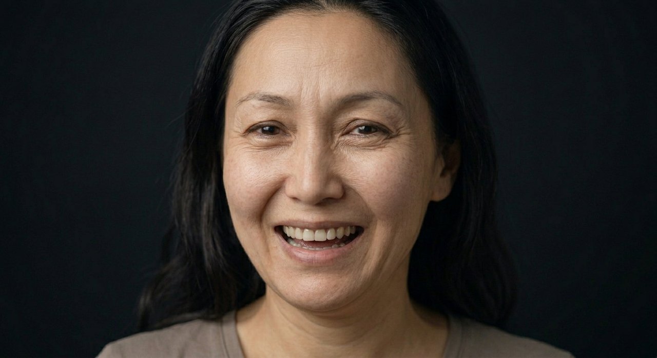 A woman's face showing joie de vivre: a big joyful smile and brightly lit eyes.