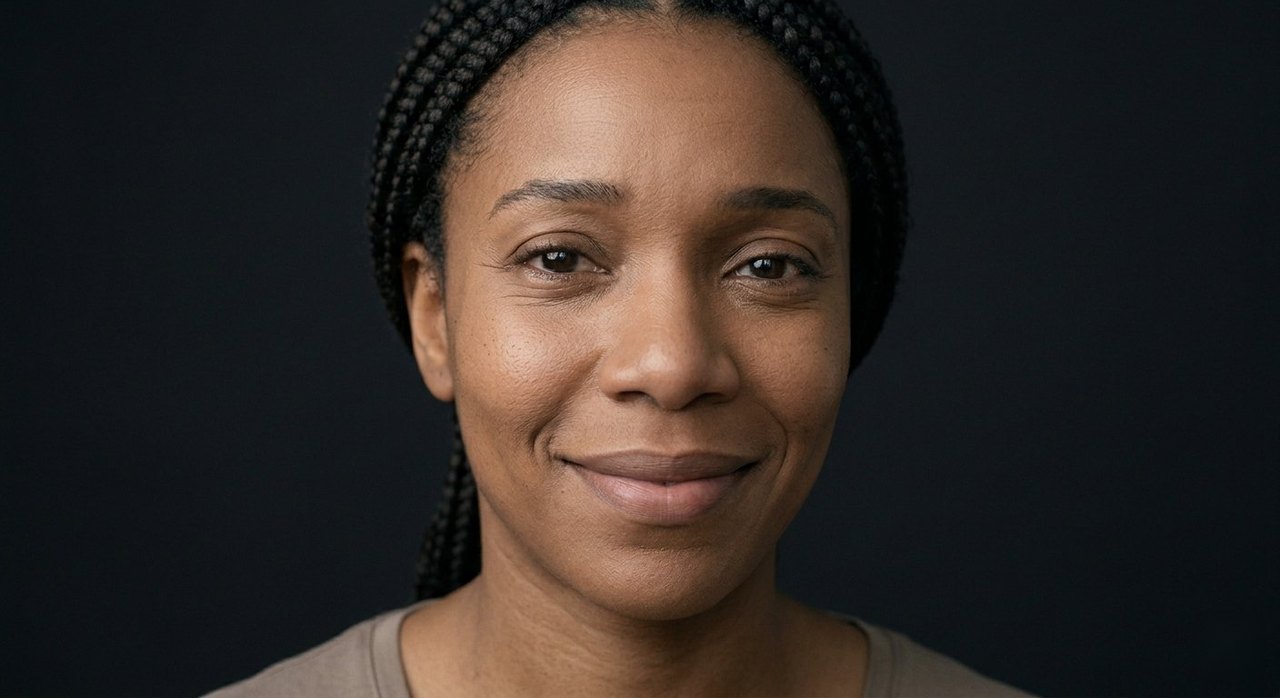 A woman's face showing kinship: a calm, open look and a soft, settled gaze.