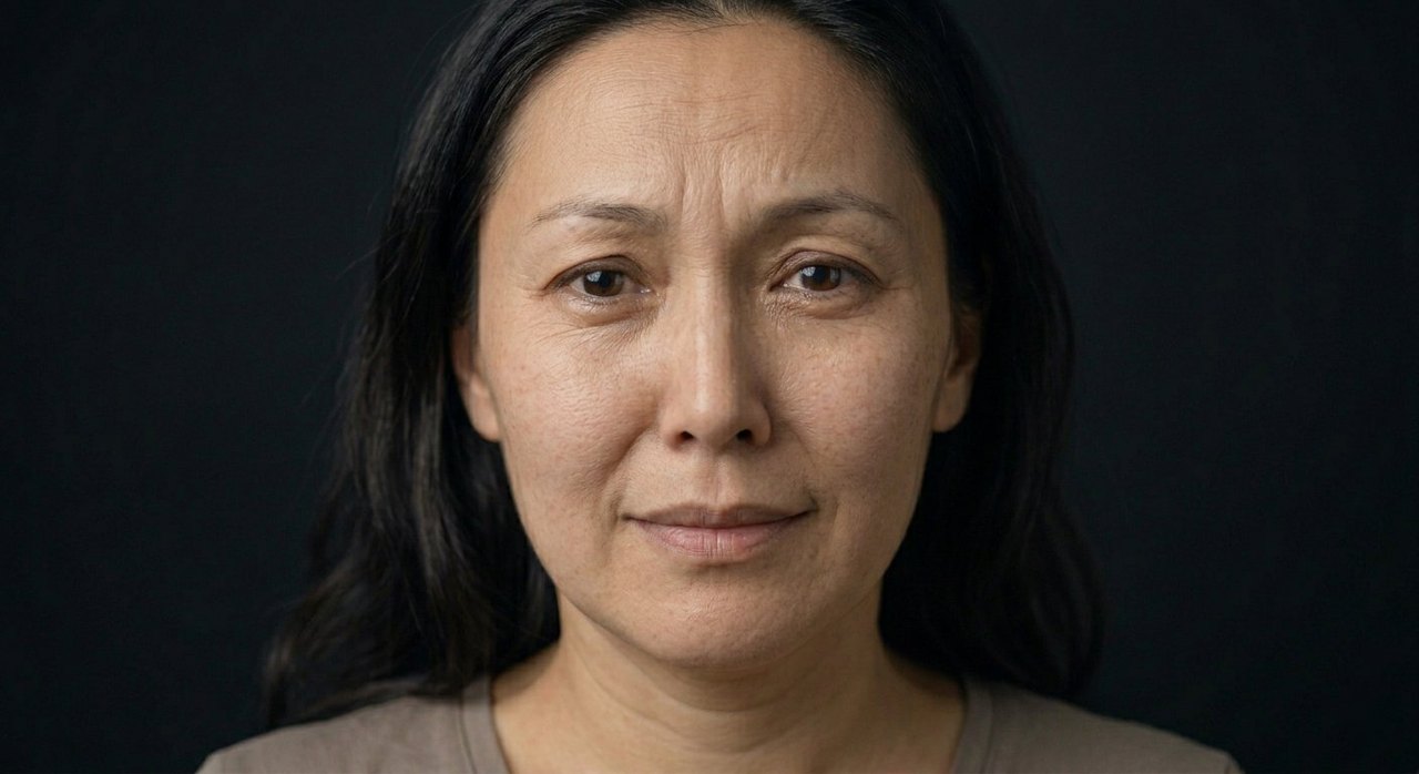 A woman's face showing koi no yokan: lips softly parted and a tender, expectant gaze.
