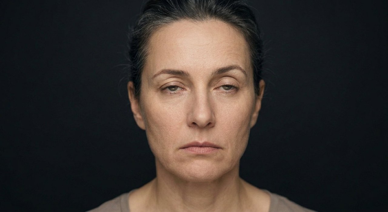 A woman's face showing laziness: heavy-lidded eyes, a languid slack face, an indifferent look.