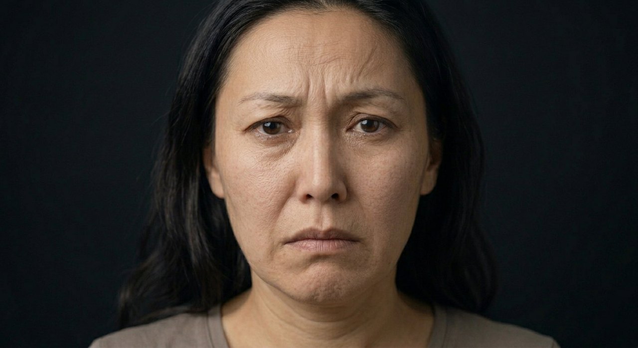 A woman's face showing l'esprit de l'escalier: a drawn brow and a frustrated, set mouth.
