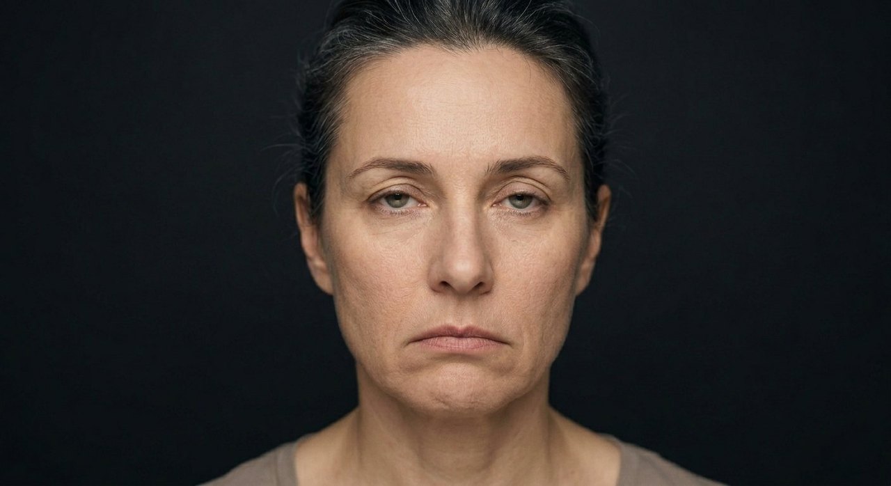 A woman's face showing lethargy: heavy dull eyes, a sluggish drained face, a slack mouth.