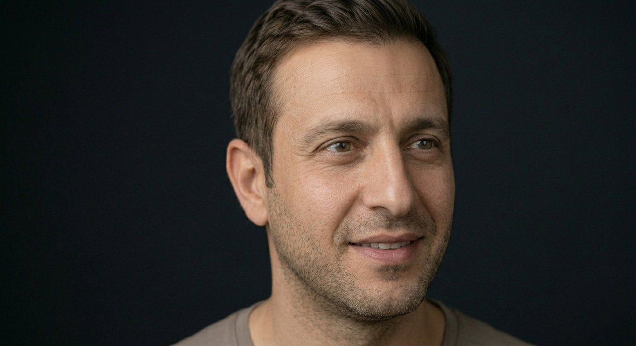 A man's face showing liberation: a light relaxed look and a freed easy gaze.