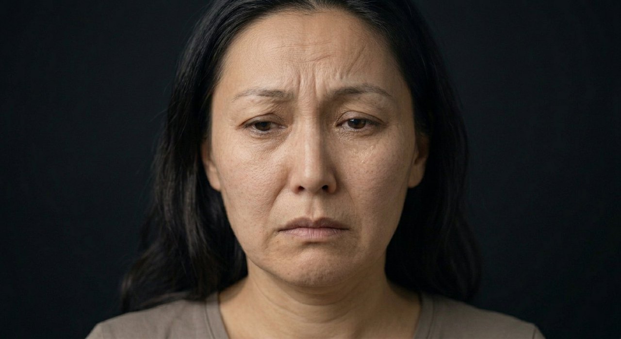 A woman's face showing litost: a sorrowful drawn brow and a heavy, downturned mouth.