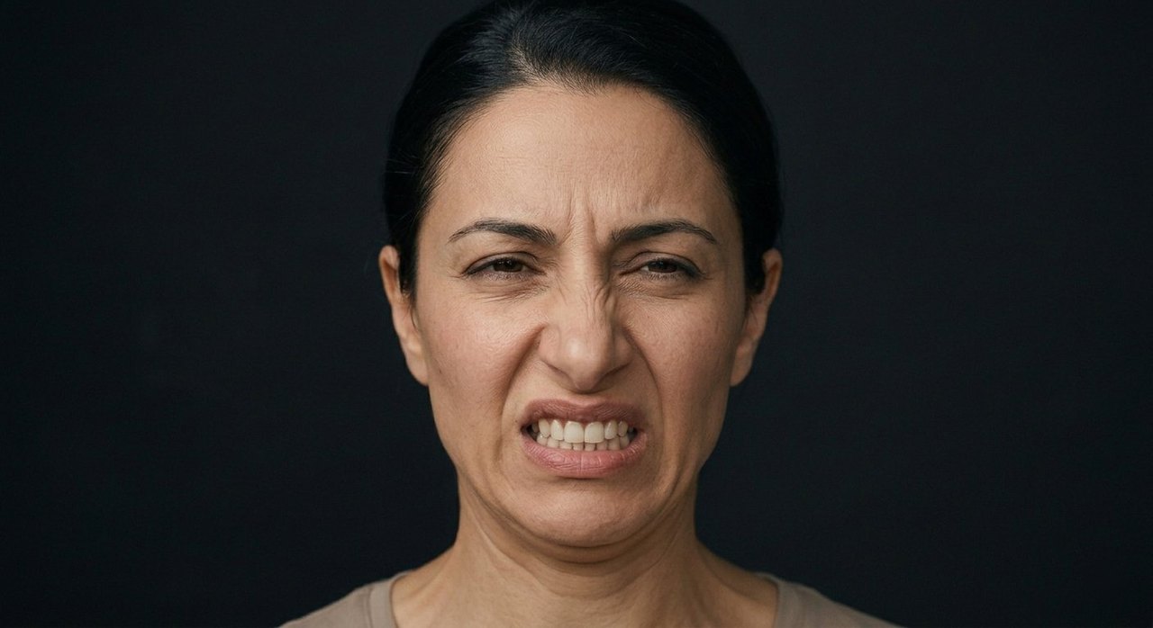 A woman's face showing loathing: nose wrinkled, teeth bared, a brow set in disgust.
