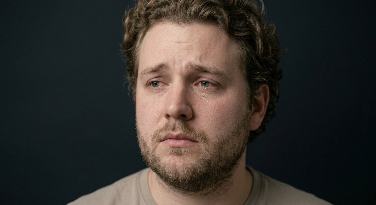 A man's face showing loneliness: a distant sideways gaze, raised inner brow, hollow expression.