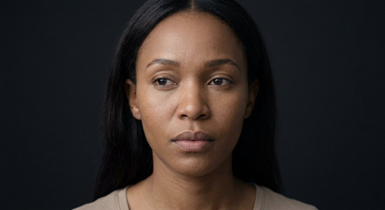 A woman's face showing longing: a soft wistful gaze, faint frown, a yearning expression.