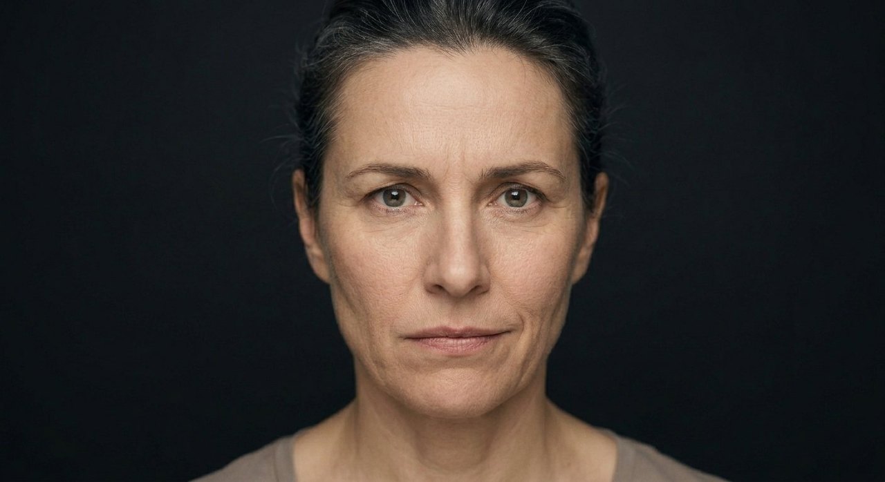 A woman's face showing malice: a cold hard look, a faint cruel set, narrowed eyes.