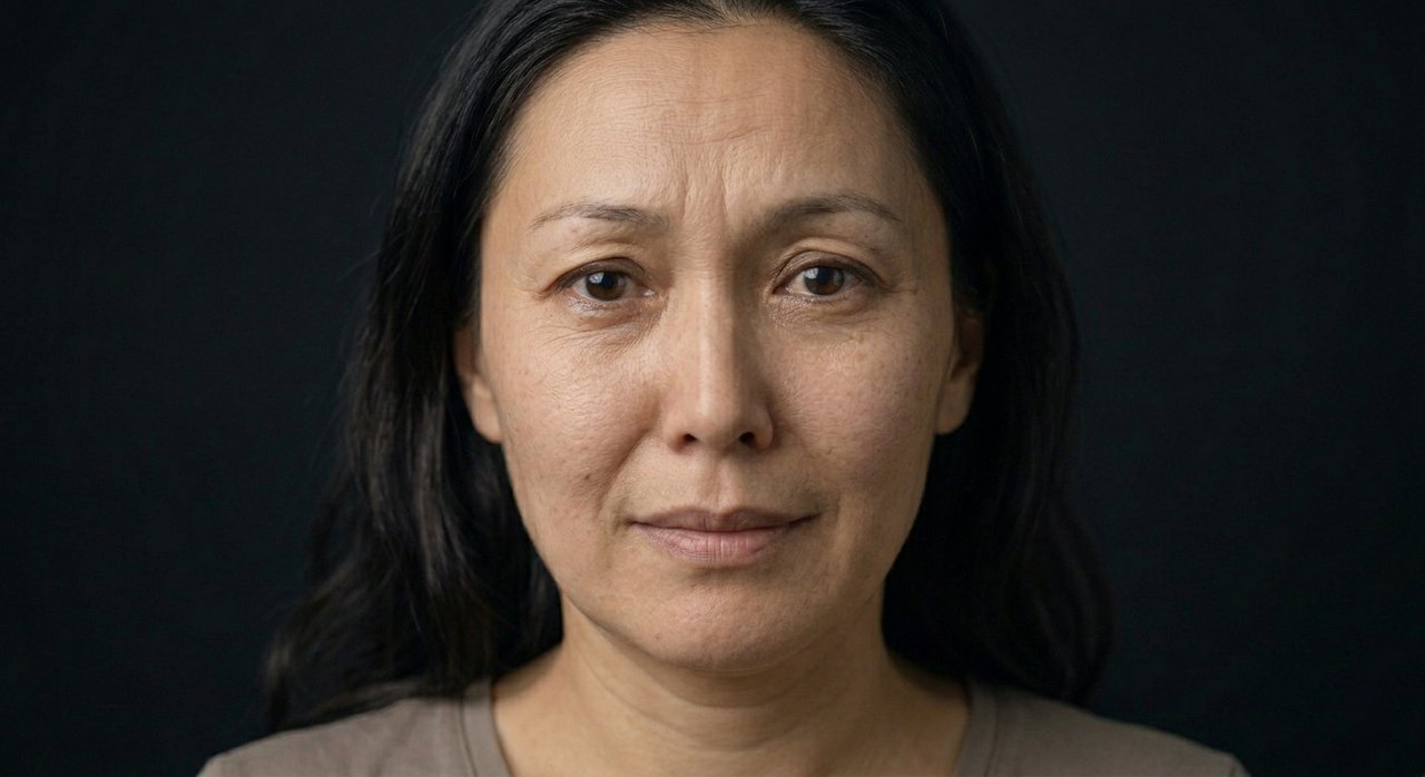 A woman's face showing mamihlapinatapai: a steady held gaze and lips closed with quiet tension.