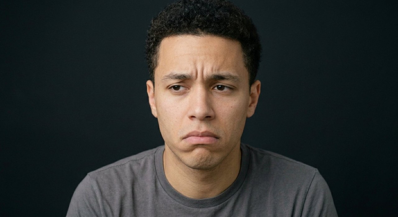 A man's face showing martyrdom: a resigned downturned mouth, raised brow, lowered eyes.