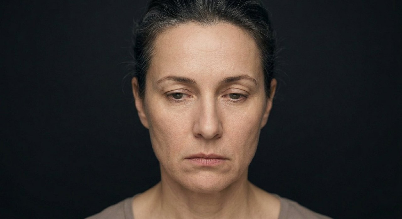 A woman's face showing meekness: lowered timid eyes, a small yielding mouth, a quiet face.