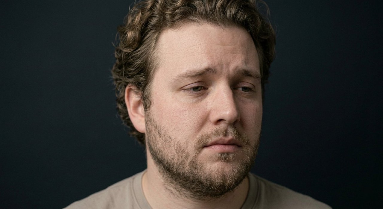 A man's face showing melancholia: a heavy sideways gaze, drooping features, weary withdrawn expression.