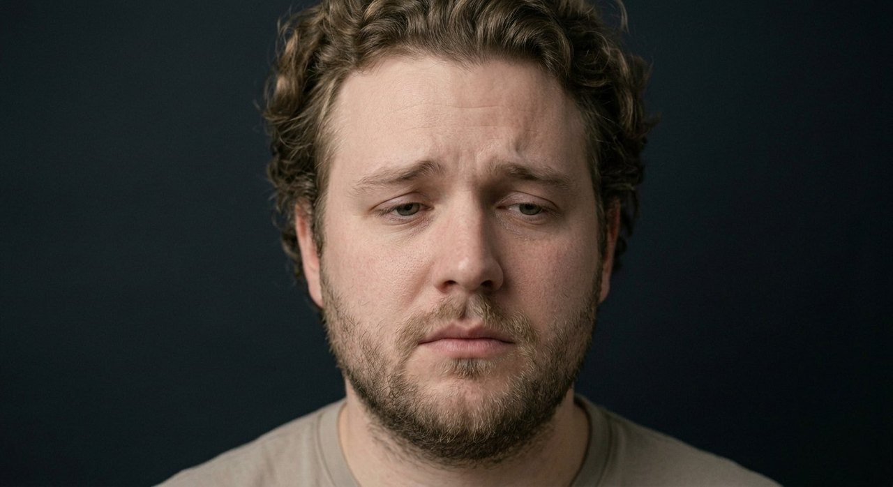 A man's face showing melancholy: a distant sideways gaze, drooping eyes, downturned mouth.