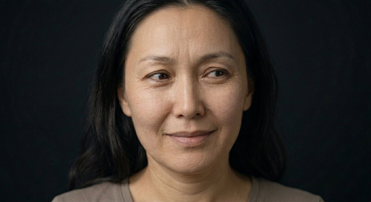 A woman's face showing meraki: a soft absorbed smile and a warm gentle gaze.