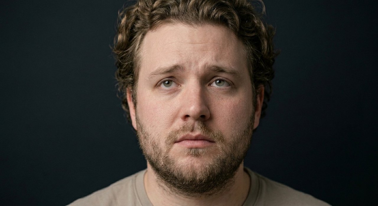 A man's face showing mirthlessness: a flat joyless look, tired eyes, no smile.