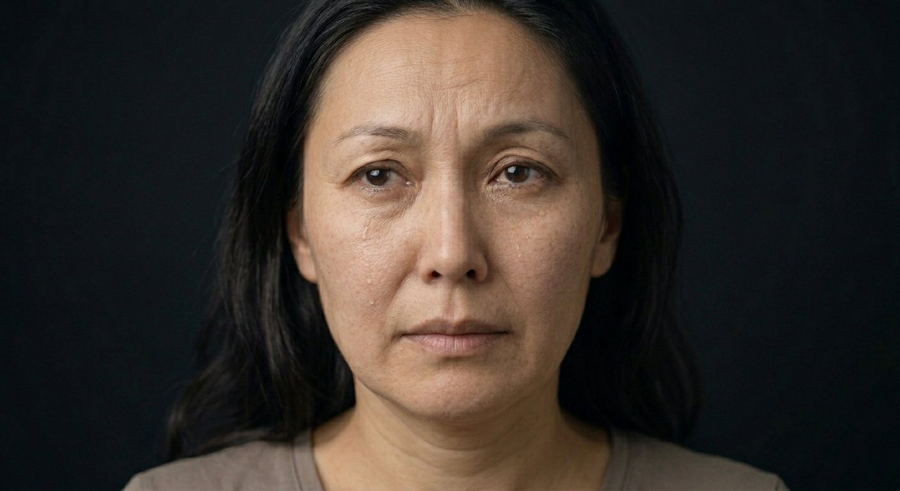 A woman's face showing mono no aware: soft lowered eyes and a faint, wistful calm.