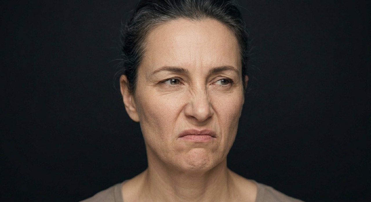 A woman's face showing moral disgust: a wrinkled nose, a curled lip, repelled contempt.