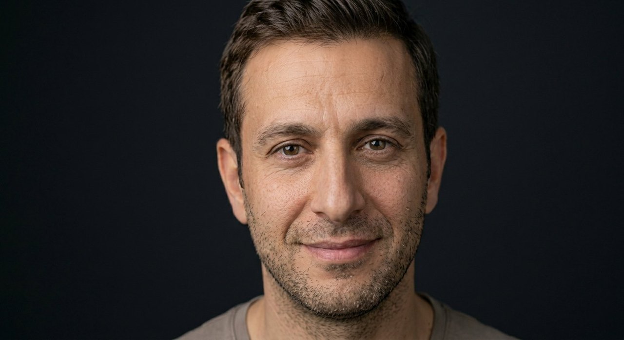 A man's face showing moral elevation: a softly moved look and a warm steady gaze.
