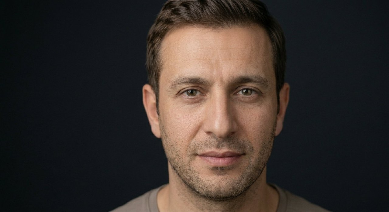 A man's face showing motivation: a focused steady gaze and a quietly determined set.