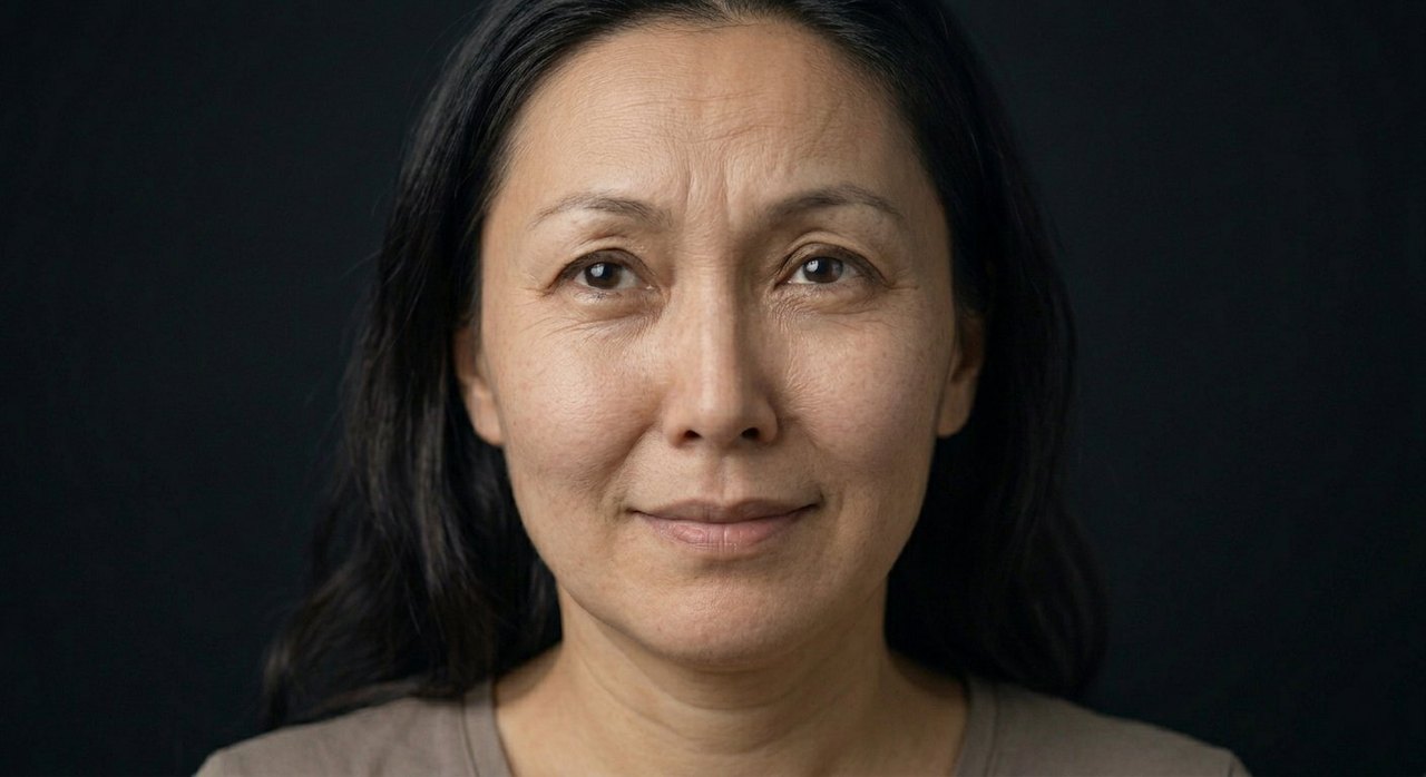 A woman's face showing mudita: a warm tender smile and softly glad eyes.