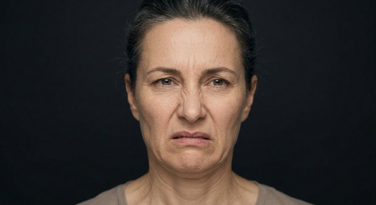 A woman's face showing emotional nausea: a queasy repulsed look, a wrinkled nose, a grimace.