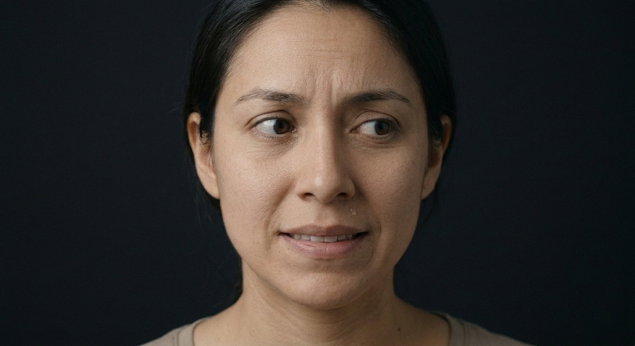 A woman's face showing nervousness: brows drawn up, gaze flicking aside, a tense mouth.