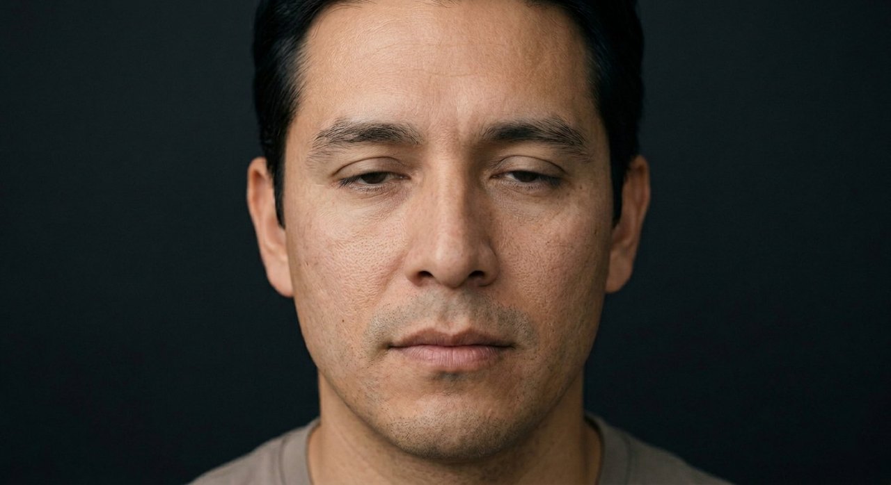 A man's face showing nonchalance: an easy unbothered look and a faint, relaxed mouth.