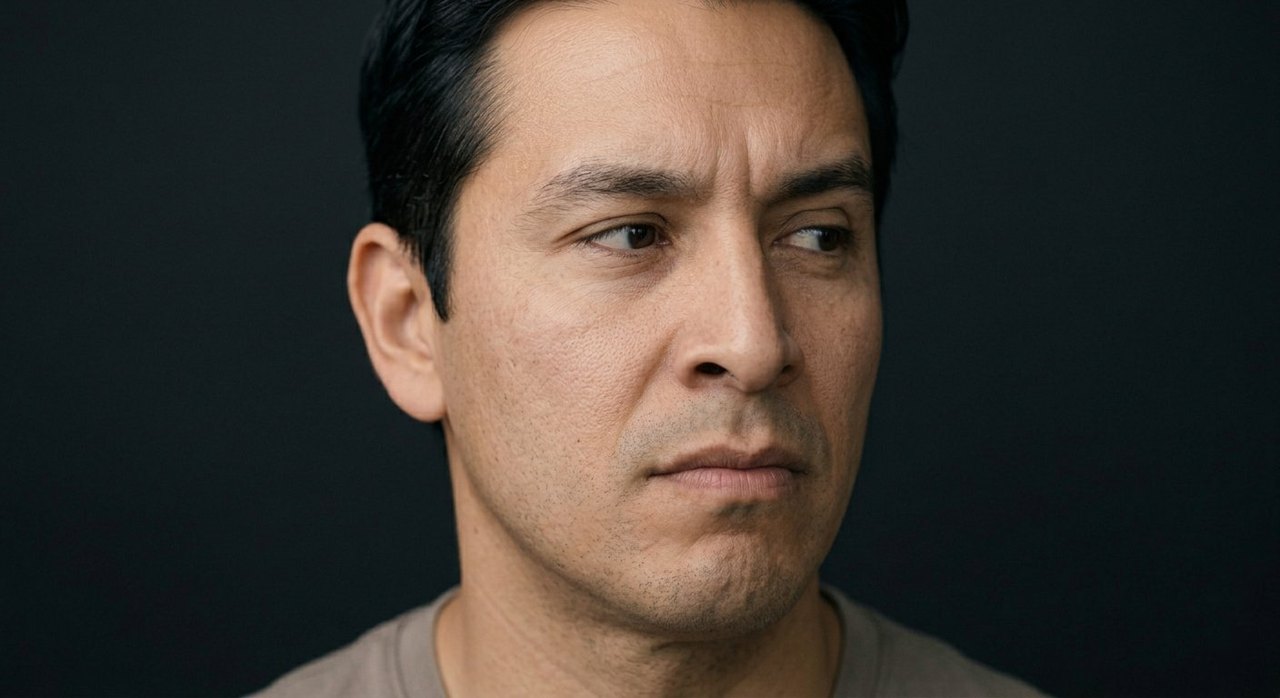 A man's face showing nosiness: a sideways prying glance and a raised, curious brow.