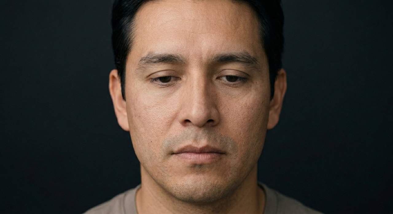 A man's face showing obedience: a lowered compliant gaze and a calm, deferential set.