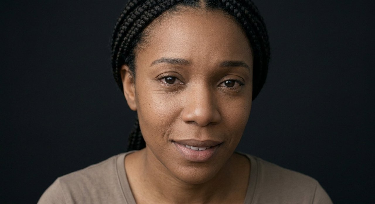 A woman's face showing obsequiousness: brows raised, lips parted, an eager, deferential look.