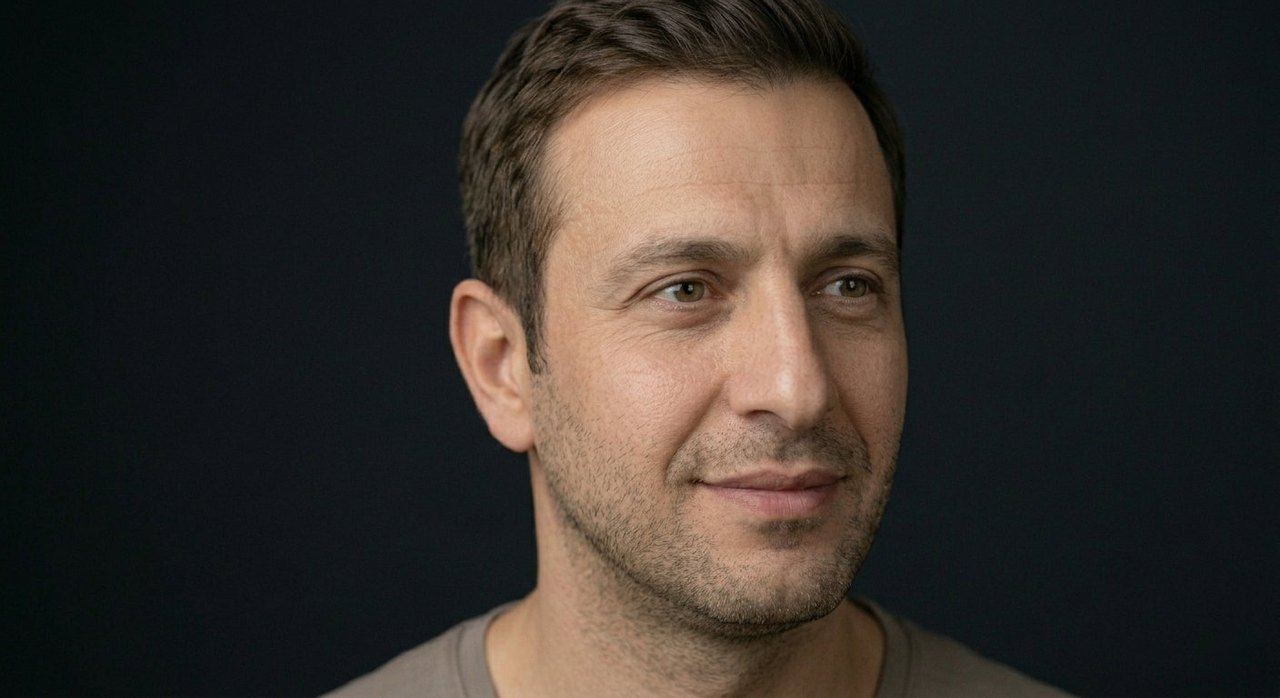 A man's face showing optimism: a warm hopeful smile and bright forward-looking eyes.