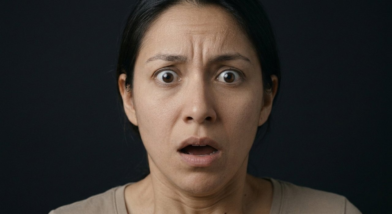 A woman's face showing panic: eyes wide, brows lifted, mouth open in alarm.