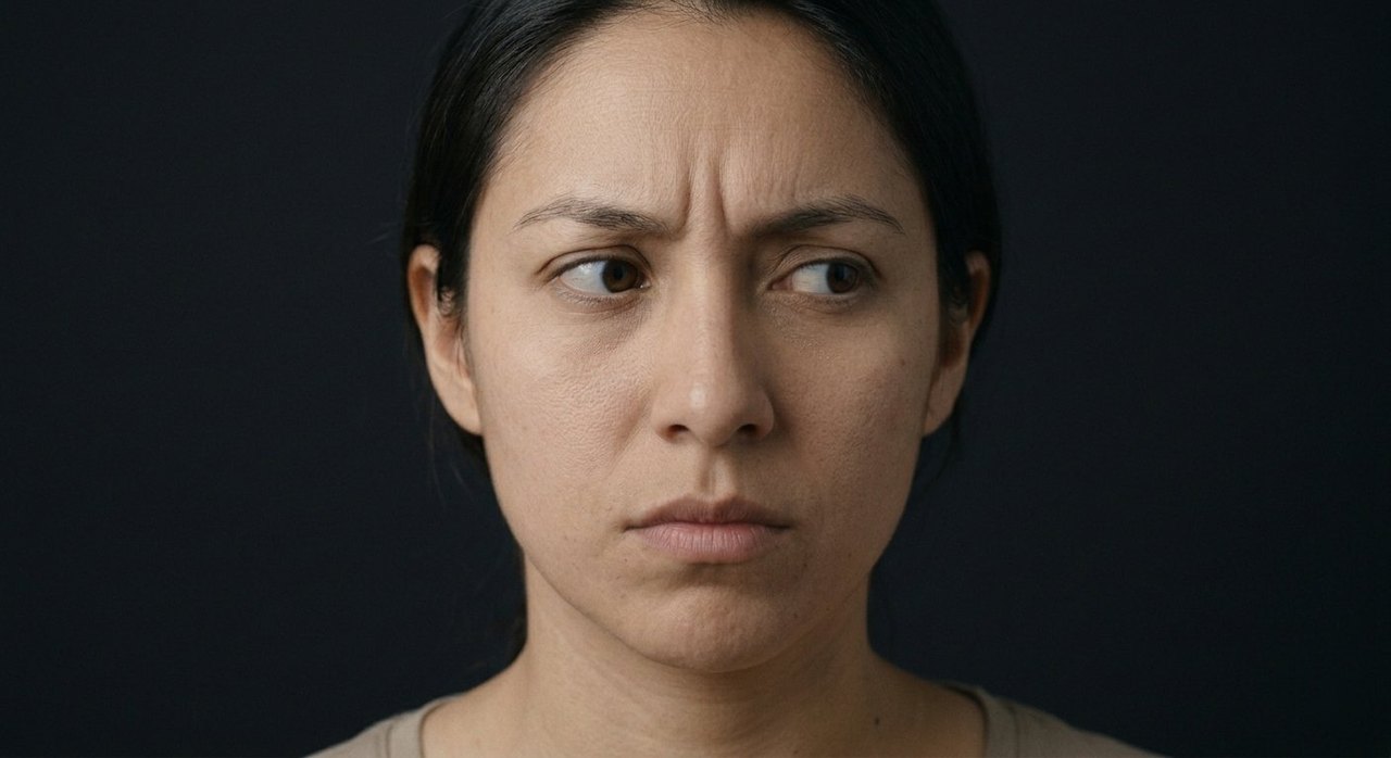 A woman's face showing paranoia: eyes cut warily aside, brow tense and suspicious.