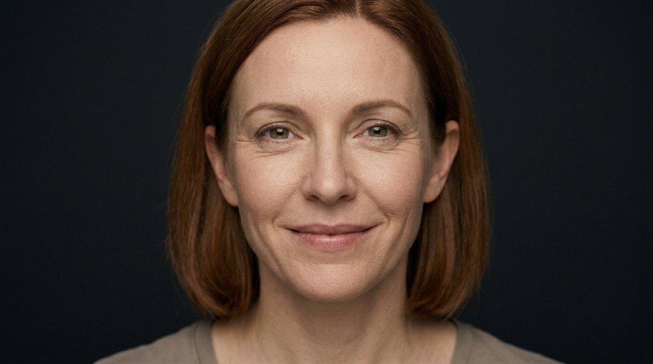 A woman's face showing passion: a warm smile, bright intent eyes, a glowing drawn-in look.