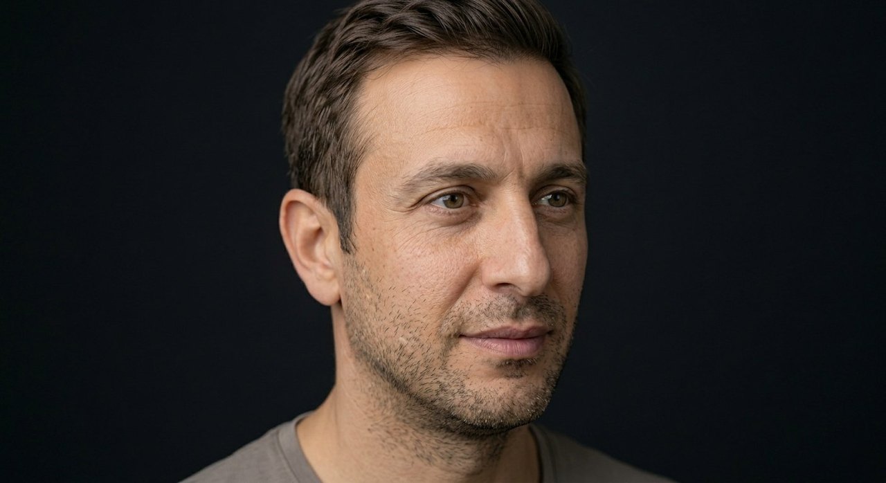 A man's face showing peacefulness: a serene calm face and a soft settled gaze.
