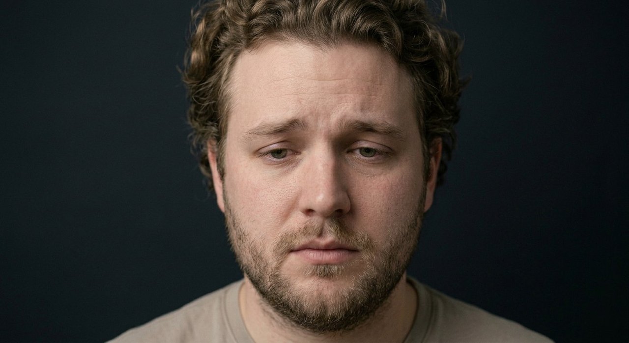 A man's face showing pensiveness: a downcast thoughtful gaze, lightly knitted brow, soft mouth.