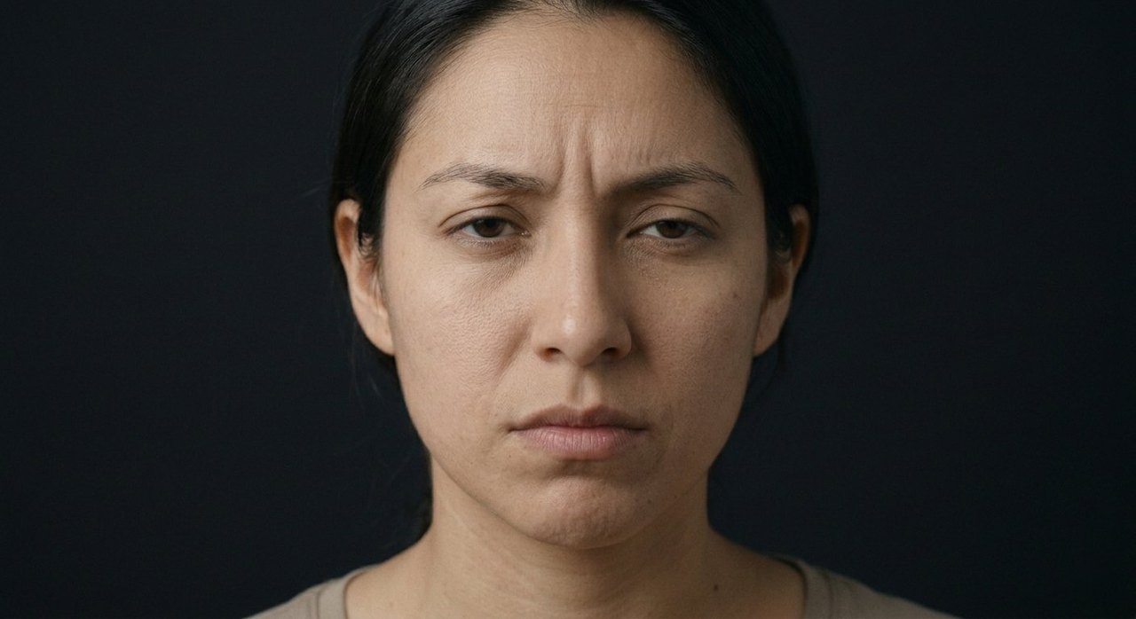 A woman's face showing perturbation: a furrowed brow and a troubled, mildly agitated set.