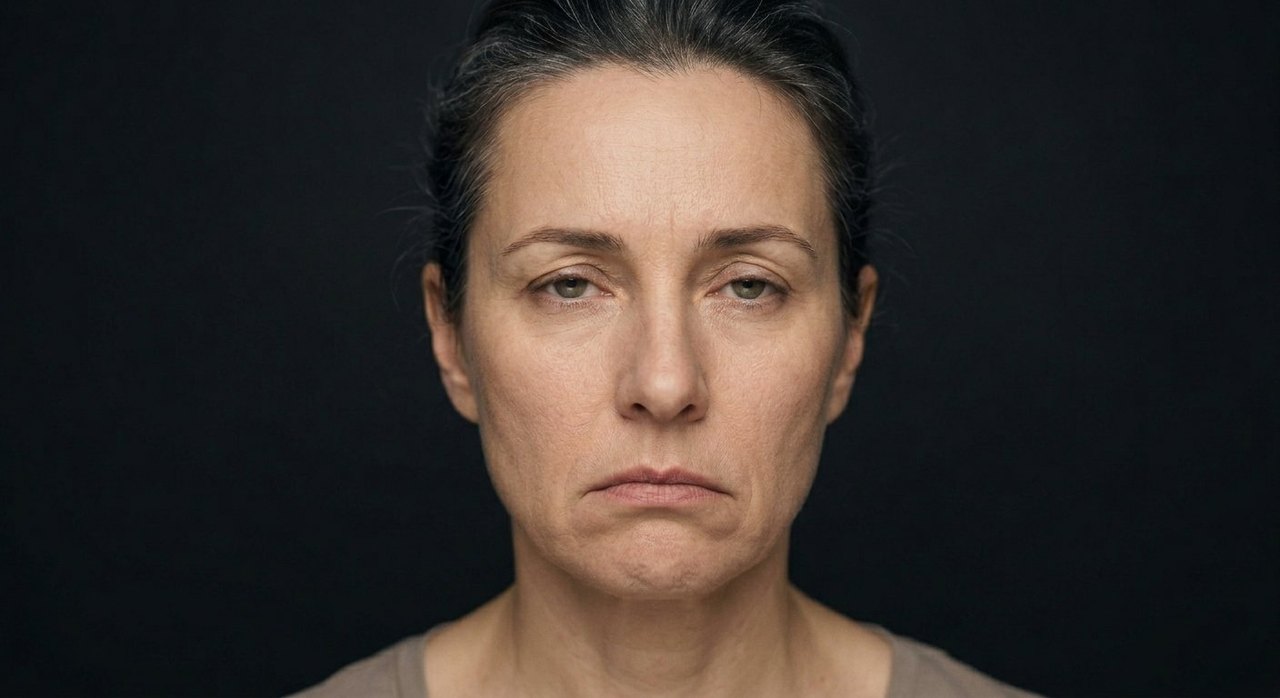 A woman's face showing pessimism: a downturned mouth, a heavy brow, a glum look.