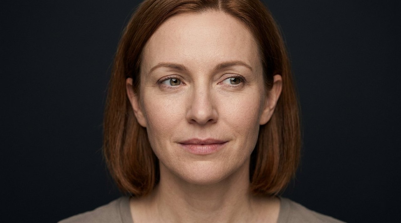 A woman's face showing pining: a soft yearning look and slightly distant eyes.